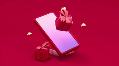 Cep telefonunun ve hediyelerin döngü animasyonu, 3D görüntüleme.