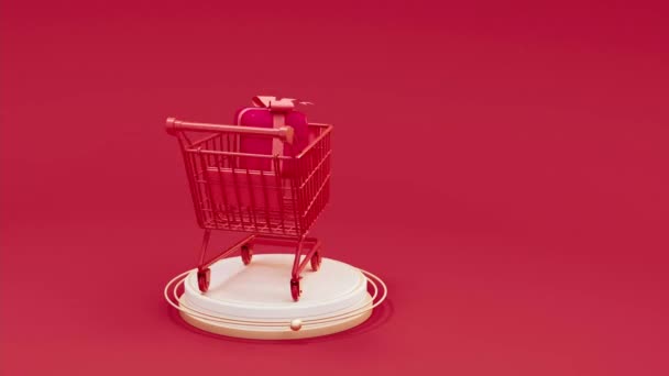 ショッピングカートとギフトのループアニメーション 3Dレンダリング — ストック動画
