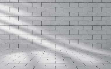 Beyaz boş oda, ışık ve gölgeli, 3D görüntülü. Bilgisayar dijital çizimi.