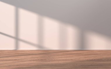 Ahşap zeminli boş bir oda, 3 boyutlu çizim. Bilgisayar dijital çizimi.