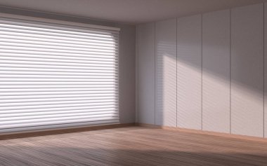 Ahşap zeminli boş bir oda, 3 boyutlu çizim. Bilgisayar dijital çizimi.