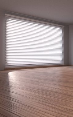 Ahşap zeminli boş bir oda, 3 boyutlu çizim. Bilgisayar dijital çizimi.