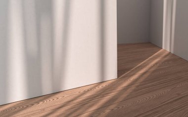 Ahşap zeminli boş bir oda, 3 boyutlu çizim. Bilgisayar dijital çizimi.