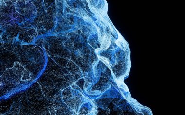 Akan parçacıklar, dalga desenli arka plan, üç boyutlu görüntüleme. Bilgisayar dijital çizimi.