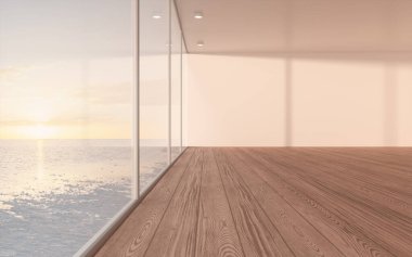 Ahşap zeminli boş bir oda, 3 boyutlu çizim. Bilgisayar dijital çizimi.