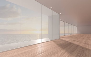 Ahşap zeminli boş bir oda, 3 boyutlu çizim. Bilgisayar dijital çizimi.