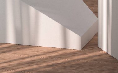 Ahşap zeminli boş bir oda, 3 boyutlu çizim. Bilgisayar dijital çizimi.