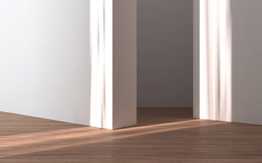 Ahşap zeminli boş bir oda, 3 boyutlu çizim. Bilgisayar dijital çizimi.