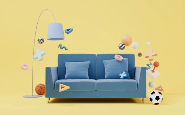 沙发和玩具 娱乐和休闲的概念 3D渲染 计算机数字绘图 — 图库照片