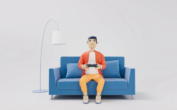 卡通人物在沙发上玩游戏 3D渲染 计算机数字绘图 — 图库照片