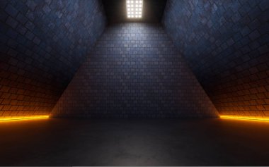 Üstü aydınlık, koyu tuğlalı bir oda. Bilgisayar dijital çizimi.