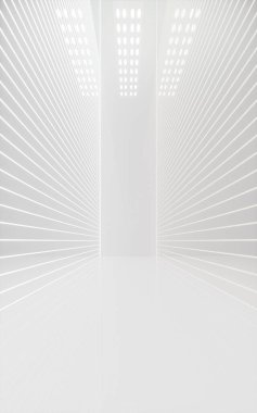 Parlayan neon çizgileri olan beyaz boş bir oda, 3 boyutlu. Bilgisayar dijital çizimi.