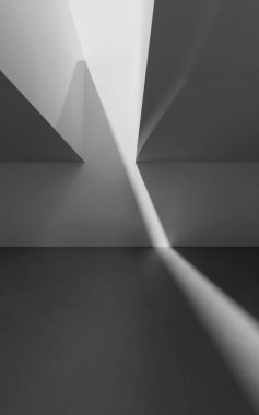 Üst lambalı, beyaz, boş bir oda. Bilgisayar dijital çizimi.