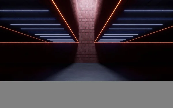 Mörkt Tegelrum Med Neonlinjer Återgivning Digitalritning — Stockfoto