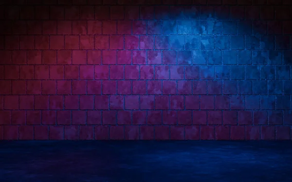 Dark brick wall with neon light, 3d rendering. Computer digital drawing.