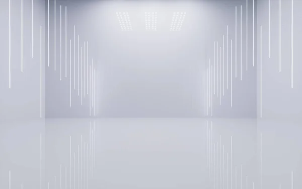Fehér Üres Szoba Ragyogó Neon Vonalakkal Renderelés Számítógépes Digitális Rajz — Stock Fotó