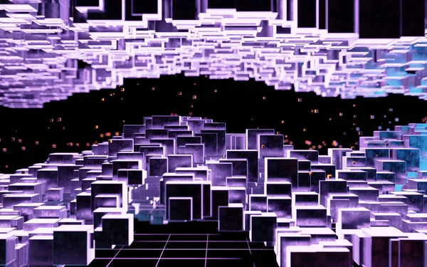 Kubikus Cyberpunk Tér Konceptuális Geometria Háttér Renderelés Számítógépes Digitális Rajz — Stock Fotó