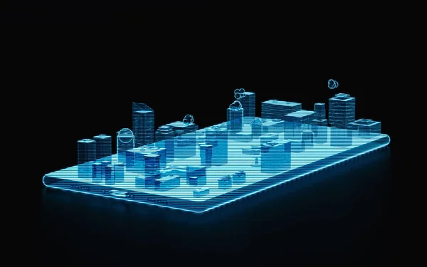 Holografikus Kép Városról Mobiltelefonon Futurisztikus Elem Renderelés Számítógépes Digitális Rajz — Stock Fotó