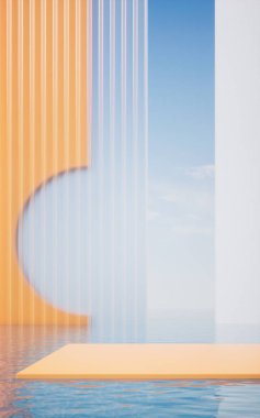 Sarı boş zemin, su çevrili, 3 boyutlu. Bilgisayar dijital çizimi.