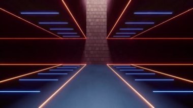 Neon çizgileri olan koyu tuğlalı bir oda, 3 boyutlu görüntüleme..