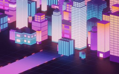 Şehir merkezi, neon ışıklı bina, 3 boyutlu görüntü. Bilgisayar dijital çizimi.