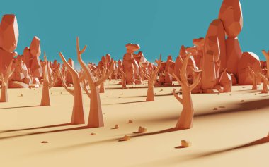Çizgi film kayaları ve kuru ağaçlar, üç boyutlu görüntüleme. Bilgisayar dijital çizimi.