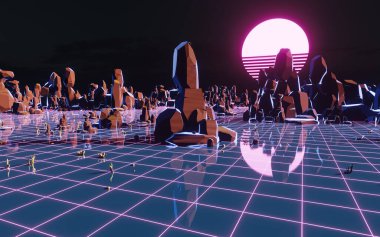 Karanlık boş gezegen, geçmişe dönük stil, 3 boyutlu tasarım. Bilgisayar dijital çizimi.