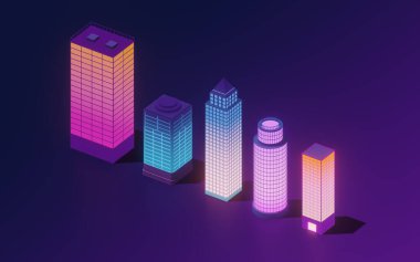Şehir merkezi, neon ışıklı bina, 3 boyutlu görüntü. Bilgisayar dijital çizimi.