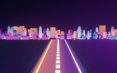 Şehir merkezi, neon ışıklı bina, 3 boyutlu görüntü. Bilgisayar dijital çizimi.