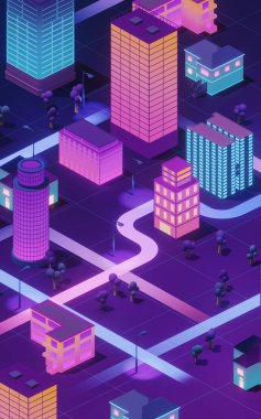 Şehir merkezi, neon ışıklı bina, 3 boyutlu görüntü. Bilgisayar dijital çizimi.