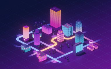 Şehir merkezi, neon ışıklı bina, 3 boyutlu görüntü. Bilgisayar dijital çizimi.