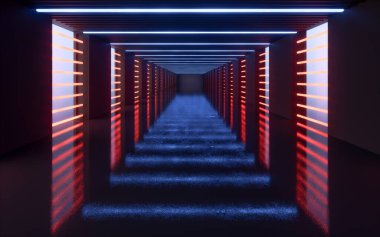 Karanlık tünel, fütüristik konsept, 3D görüntüleme. Bilgisayar dijital çizimi.