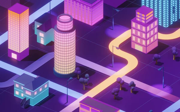 Downtown City Neon Hehkuva Rakennus Renderöinti Tietokoneen Digitaalinen Piirustus — kuvapankkivalokuva
