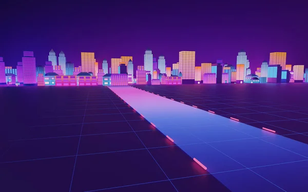 市中心 霓虹灯发光的大楼 3D渲染 计算机数字绘图 — 图库照片