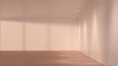 Ahşap zeminli boş oda, 3D görüntüleme.