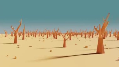 Çizgi filmden geçen kuru ağaçların döngü animasyonu, 3D görüntüleme.