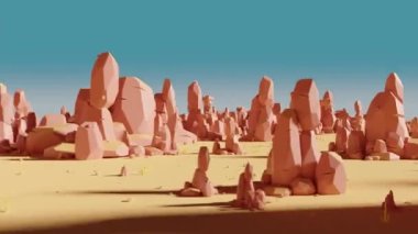 Kum çölü ile kayaların arasından geçmenin döngü animasyonu, 3D görüntüleme.