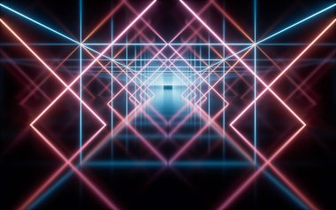 Parlayan neon hatları tüneli, 3D görüntüleme. Bilgisayar dijital çizimi.