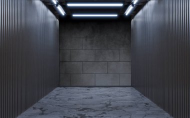 Neon ışıklı karanlık bina, 3 boyutlu görüntüleme. Bilgisayar dijital çizimi.