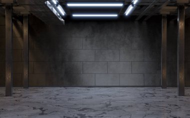 Neon ışıklı karanlık bina, 3 boyutlu görüntüleme. Bilgisayar dijital çizimi.