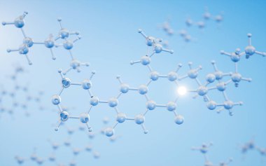 Mavi arka planlı kimyasal molekül, 3 boyutlu görüntüleme. Bilgisayar dijital çizimi.