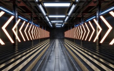 Neon ışıklı karanlık bina, 3 boyutlu görüntüleme. Bilgisayar dijital çizimi.