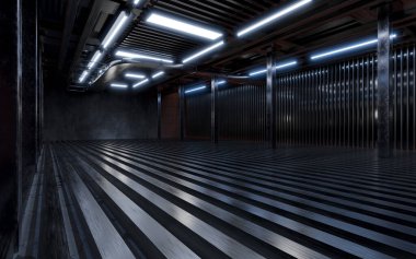 Dark building with neon illumination, 3d rendering. Computer digital drawing.