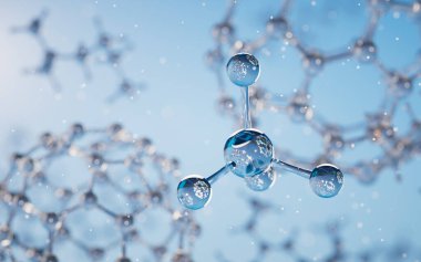 Mavi arka planlı kimyasal molekül, 3 boyutlu görüntüleme. Bilgisayar dijital çizimi.