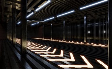 Neon ışıklı karanlık bina, 3 boyutlu görüntüleme. Bilgisayar dijital çizimi.