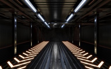 Neon ışıklı karanlık bina, 3 boyutlu görüntüleme. Bilgisayar dijital çizimi.