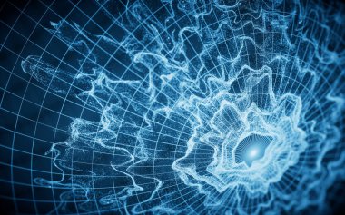 Küre şeklindeki dalga parçacıkları, 3 boyutlu görüntüleme. Bilgisayar dijital çizimi.