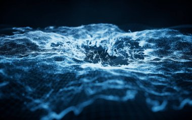 Abstract particles with wave pattern, 3d rendering. Computer digital drawing.