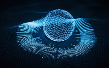 Büyük veri kavramına sahip dijital gezegen kodlaması, 3D görüntüleme. Bilgisayar dijital çizimi.