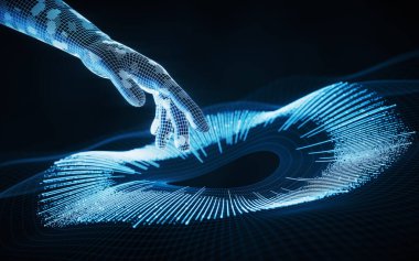 Sanal el ile sanal uzay veri hatları, üç boyutlu görüntüleme. Bilgisayar dijital çizimi.